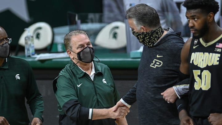 Michigan State's head coach Tom Izzo, left, shakes hands with Purdue head coach Matt Painter before the game on Friday, Jan. 8, 2021, at the Breslin Center in East Lansing.

210108 Msu Purdue 028a