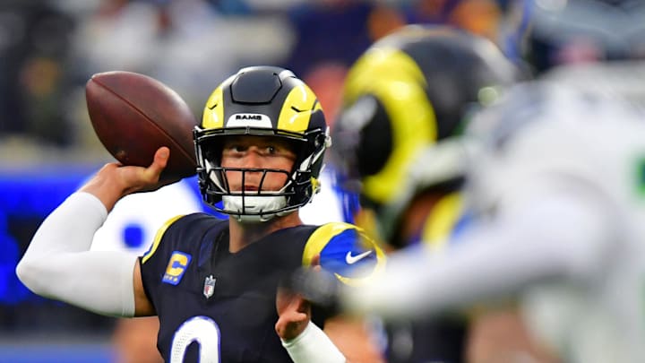 Nov 16, 2025; Inglewood, California, USA; Los Angeles Rams quarterback Matthew Stafford (9) throws a pass during the second half against the Seattle Seahawks at SoFi Stadium. Mandatory Credit: Gary A. Vasquez-Imagn Images Nov 16, 2025; Inglewood, California, USA; Los Angeles Rams quarterback Matthew Stafford (9) throws a pass during the second half against the Seattle Seahawks at SoFi Stadium. Mandatory Credit: Gary A. Vasquez-Imagn Images