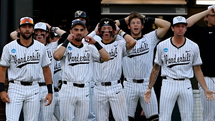 Vanderbilt players react after Riley Nelson’s 2-run homer was called foul in the bottom of the eighth inning of the Nashville Regional NCAA Baseball Tournament game against Wright State at Hawkins Field Friday, May 30, 2025, in Nashville, Tenn. Nelson’s homer was reviewed and was overturned giving the Vanderbilt a 4-3 lead.