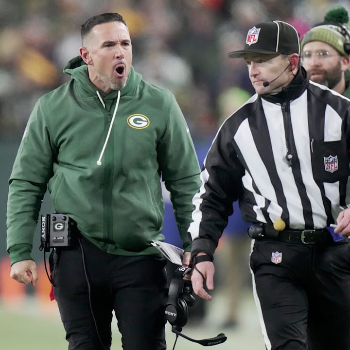 Green Bay Packers coach Matt LaFleur yells at an official after Keisean Nixon was penalized against the Bears.