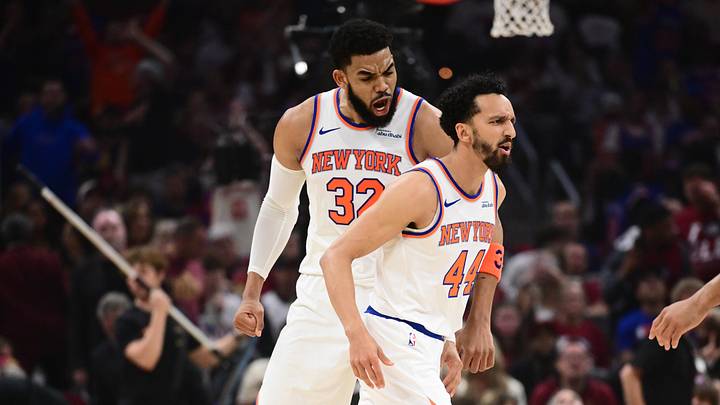May 25, 2026; Cleveland, Ohio, USA; New York Knicks center Karl-Anthony Towns (32) celebrates a shot made by guard Landry Shamet (44) in the second quarter against the Cleveland Cavaliers during game four of the eastern conference finals for the 2026 NBA playoffs at Rocket Arena. Mandatory Credit: Ken Blaze-Imagn Images May 25, 2026; Cleveland, Ohio, USA; New York Knicks center Karl-Anthony Towns (32) celebrates a shot made by guard Landry Shamet (44) in the second quarter against the Cleveland Cavaliers during game four of the eastern conference finals for the 2026 NBA playoffs at Rocket Arena. Mandatory Credit: Ken Blaze-Imagn Images