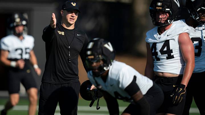 Vanderbilt Coach Clark Lea works with his team on kick return coverage during practice at Vanderbilt University Wednesday, Aug. 5, 2026. Vanderbilt Coach Clark Lea works with his team on kick return coverage during practice at Vanderbilt University Wednesday, Aug. 5, 2026.