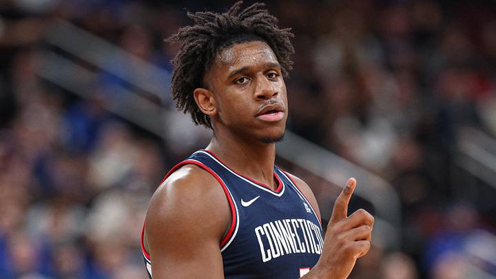 Jan 13, 2026; Newark, New Jersey, USA; UConn Huskies forward Tarris Reed Jr. (5) reacts after scoring a basket against the Seton Hall Pirates during the first half at Prudential Center. Mandatory Credit: Vincent Carchietta-Imagn Images