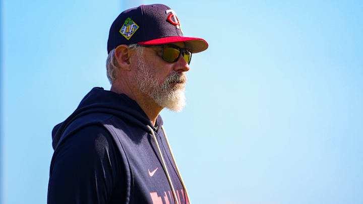 Manager Derek Shelton walks near the dugout during the Minnesota Twins first full-squad workout of spring training at Lee Health Sports Complex in Fort Myers, Fla., on Monday, Feb. 16, 2026. Manager Derek Shelton walks near the dugout during the Minnesota Twins first full-squad workout of spring training at Lee Health Sports Complex in Fort Myers, Fla., on Monday, Feb. 16, 2026.