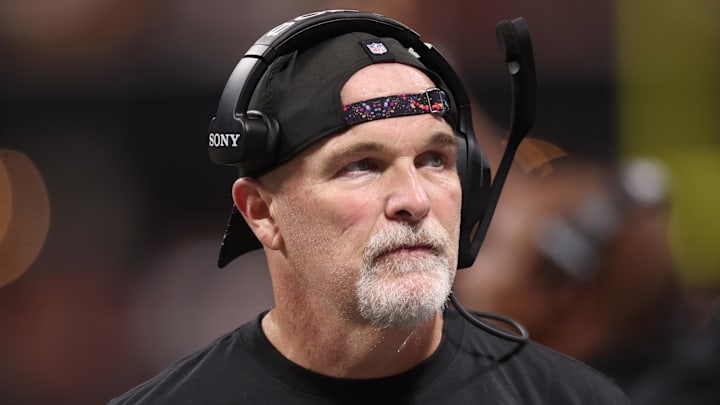 Sep 28, 2025; Atlanta, Georgia, USA; Washington Commanders head coach Dan Quinn during the second half against the Atlanta Falcons at Mercedes-Benz Stadium. Mandatory Credit: Brett Davis-Imagn Images