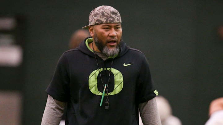 Oregon defensive line coach Tony Tuioti leads practice with the Ducks Thursday, April 20, 2023 at the Moshofsky Center in Eugene, Ore.

Sports Spring Football