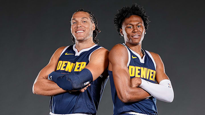 Oct 2, 2023; Denver, CO, USA; Denver Nuggets players Aaron Gordon (50) and Peyton Watson (8) pose for a portrait during media day at Ball Arena. Mandatory Credit: Isaiah J. Downing-Imagn Images Oct 2, 2023; Denver, CO, USA; Denver Nuggets players Aaron Gordon (50) and Peyton Watson (8) pose for a portrait during media day at Ball Arena. Mandatory Credit: Isaiah J. Downing-Imagn Images
