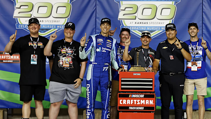 Carson Hocevar took home the hardware after winning Saturday night's NASCAR Craftsman Truck Series Heart of Health Care 200 at Kansas Speedway. Carson Hocevar took home the hardware after winning Saturday night's NASCAR Craftsman Truck Series Heart of Health Care 200 at Kansas Speedway.