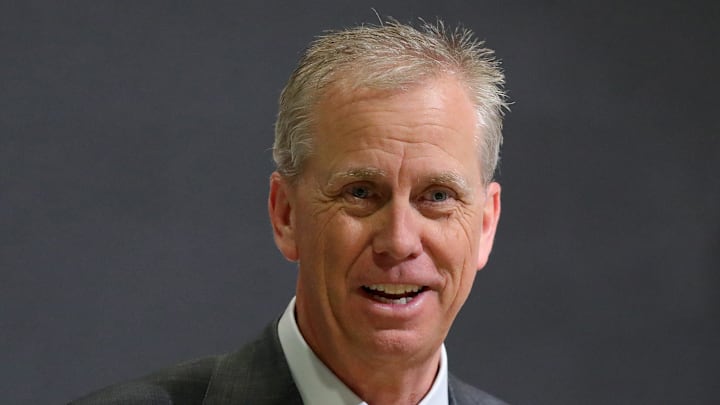Cleveland Browns head coach Todd Monken chats with reporters after his introductory press conference.
