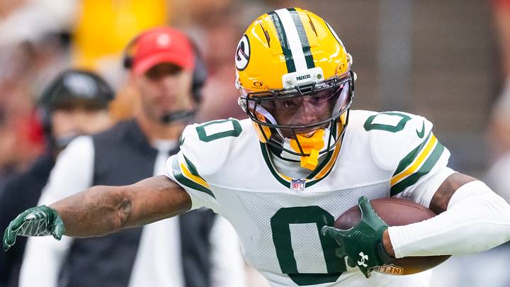 Green Bay Packers receiver Matthew Golden runs the ball after the catch against the Cardinals. Green Bay Packers receiver Matthew Golden runs the ball after the catch against the Cardinals.