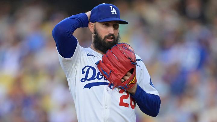Jun 4, 2025; Los Angeles, California, USA; Los Angeles Dodgers pitcher Tony Gonsolin (26) reacts to hitting New York Mets shortstop Francisco Lindor (12) (not pictured) during the first inning at Dodger Stadium. Mandatory Credit: Jayne Kamin-Oncea-Imagn Images Jun 4, 2025; Los Angeles, California, USA; Los Angeles Dodgers pitcher Tony Gonsolin (26) reacts to hitting New York Mets shortstop Francisco Lindor (12) (not pictured) during the first inning at Dodger Stadium. Mandatory Credit: Jayne Kamin-Oncea-Imagn Images
