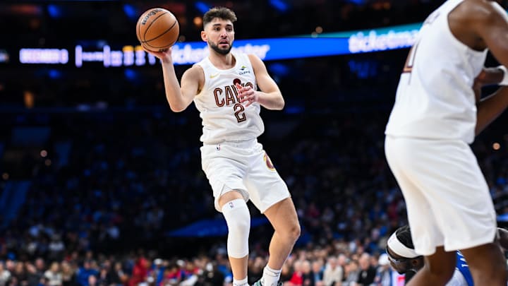 Nov 13, 2024; Philadelphia, Pennsylvania, USA; Cleveland Cavaliers guard Ty Jerome (2) passes the ball against the Philadelphia 76ers in the fourth quarter at Wells Fargo Center. Mandatory Credit: Kyle Ross-Imagn Images