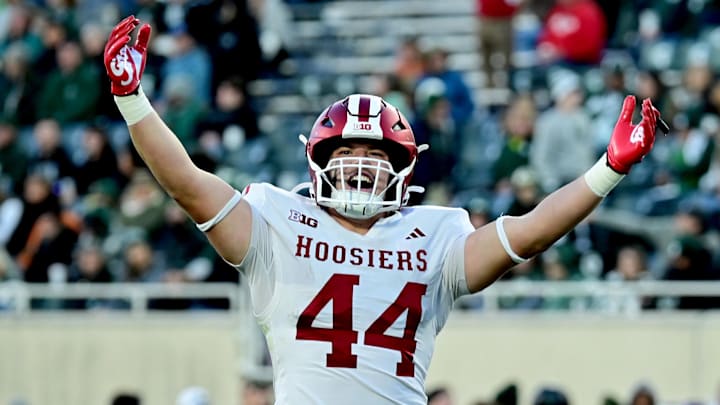 Indiana Hoosiers tight end Zach Horton (44) celebrates after a touchdown against Michigan State at Spartan Stadium.