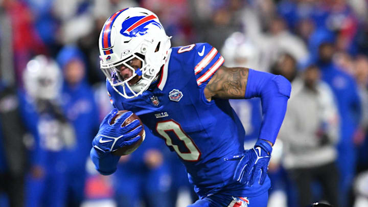 Sep 7, 2025; Orchard Park, New York, USA;  Buffalo Bills wide receiver Keon Coleman (0) runs the ball during the fourth quarter against the Baltimore Ravens at Highmark Stadium. Mandatory Credit: Mark Konezny-Imagn Images