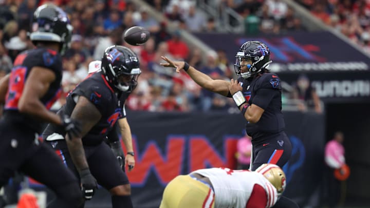 Oct 26, 2025; Houston, Texas, USA; Houston Texans quarterback C.J. Stroud (7) throws the ball during the second quarter against the San Francisco 49ers at NRG Stadium. Mandatory Credit: Troy Taormina-Imagn Images Oct 26, 2025; Houston, Texas, USA; Houston Texans quarterback C.J. Stroud (7) throws the ball during the second quarter against the San Francisco 49ers at NRG Stadium. Mandatory Credit: Troy Taormina-Imagn Images
