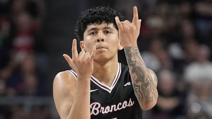 March 10, 2026; Las Vegas, NV, USA; Santa Clara Broncos guard Christian Hammond (1) celebrates against the Gonzaga Bulldogs during the second half at Orleans Arena. Mandatory Credit: Kyle Terada-Imagn Images