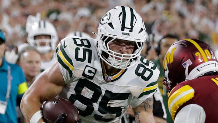 Green Bay Packers tight end Tucker Kraft runs after the catch against the Commanders. Green Bay Packers tight end Tucker Kraft runs after the catch against the Commanders.