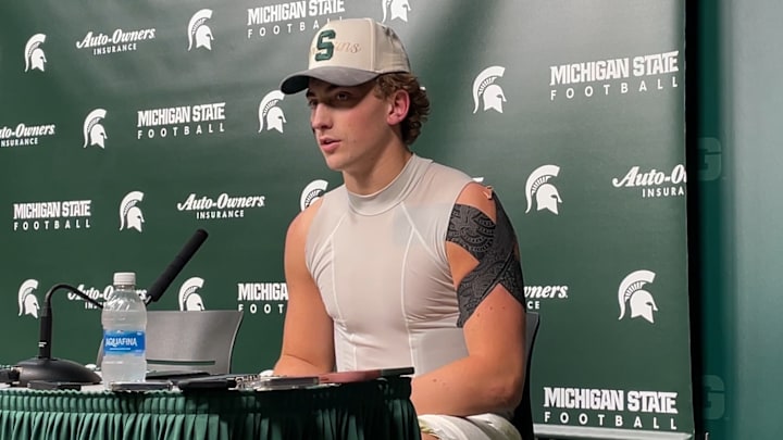 Michigan State quarterback Alessio Milivojevic speaks to the media following a 28-10 loss to Penn State on Saturday, Nov. 15, 2025.
