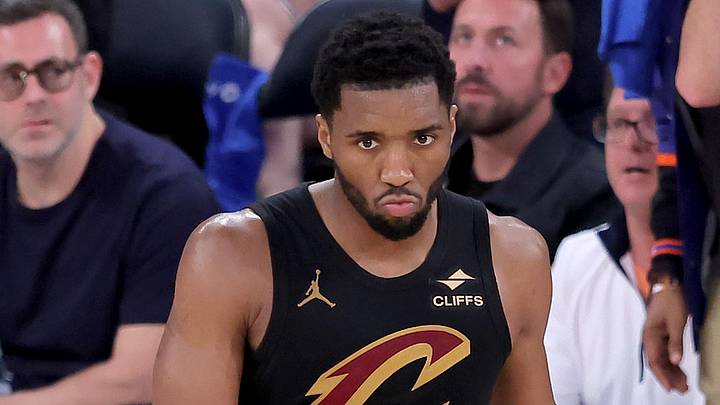 May 19, 2026; New York, New York, USA; Cleveland Cavaliers guard Donovan Mitchell (45) reacts during overtime in game one of the eastern conference finals against the New York Knicks during the 2026 NBA playoffs at Madison Square Garden. Mandatory Credit: Brad Penner-Imagn Images