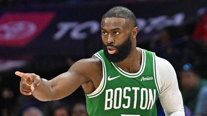 Apr 26, 2026; Philadelphia, Pennsylvania, USA; Boston Celtics guard Jaylen Brown (7) reacts after making a three point basket against the Philadelphia 76ers during the second half at Xfinity Mobile Arena. Mandatory Credit: Eric Hartline-Imagn Images