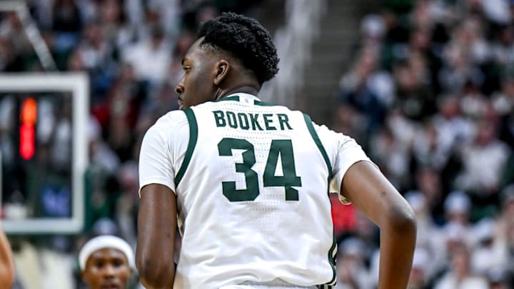 Michigan State's Xavier Booker gets back on defense after making a 3-pointer against Indiana during the first half on Tuesday, Feb. 11, 2025, at the Breslin Center in East Lansing. Michigan State's Xavier Booker gets back on defense after making a 3-pointer against Indiana during the first half on Tuesday, Feb. 11, 2025, at the Breslin Center in East Lansing.