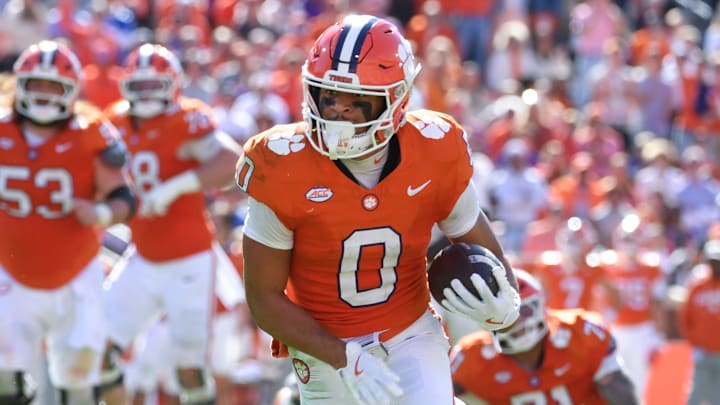 Clemson Tigers wide receiver Antonio Williams (0) catches a pass Saturday, Nov. 1, 2025, during the NCAA football game against the Duke Blue Devils at Memorial Stadium in Clemson, South Carolina.