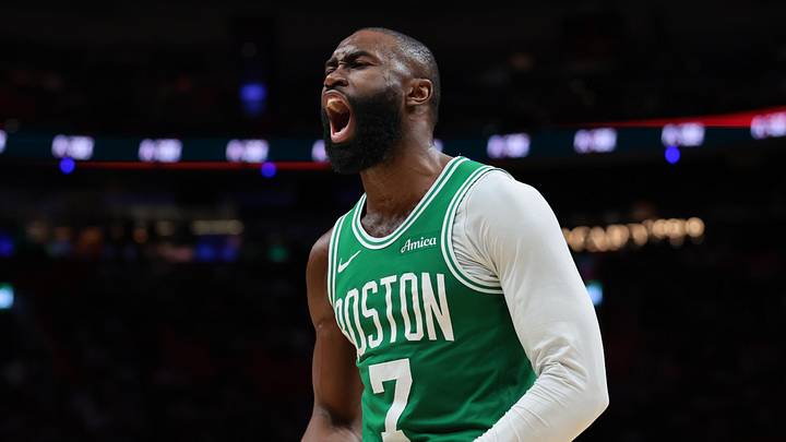 Boston Celtics guard Jaylen Brown (7) reacts against the Miami Heat during the third quarter at Kaseya Center on April 1, 2026