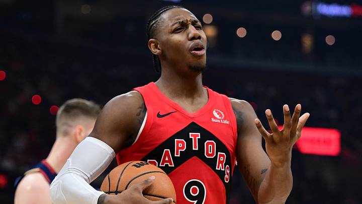 Apr 20, 2026; Cleveland, Ohio, USA; Toronto Raptors forward RJ Barrett (9) reacts after being called for a foul during the second half during game two of the first round of the 2026 NBA Playoffs against the Cleveland Cavaliers at Rocket Arena. Mandatory Credit: David Dermer-Imagn Images
