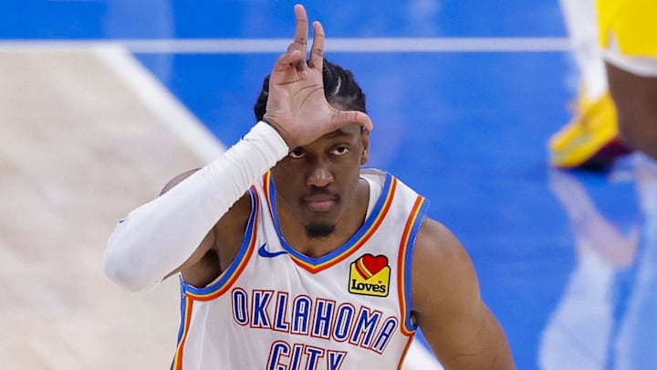 Jun 16, 2025; Oklahoma City, Oklahoma, USA; Oklahoma City Thunder forward Jalen Williams (8) celebrates during the third quarter against the Indiana Pacers in game five of the 2025 NBA Finals at Paycom Center. Mandatory Credit: Alonzo Adams-Imagn Images Jun 16, 2025; Oklahoma City, Oklahoma, USA; Oklahoma City Thunder forward Jalen Williams (8) celebrates during the third quarter against the Indiana Pacers in game five of the 2025 NBA Finals at Paycom Center. Mandatory Credit: Alonzo Adams-Imagn Images