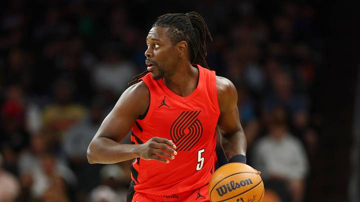 Feb 22, 2026; Phoenix, Arizona, USA; Portland Trail Blazers guard Jrue Holiday (5) against the Phoenix Suns at Mortgage Matchup Center. Mandatory Credit: Mark J. Rebilas-Imagn Images