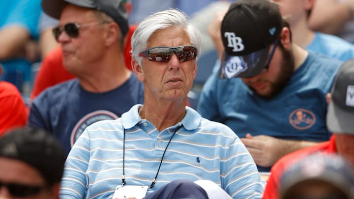 Mar 31, 2022; Clearwater, Florida, USA; Philadelphia Phillies president of baseball operations Dave Dombrowski looks on from the stands in a game against the New York Yankees during spring training at BayCare Ballpark.