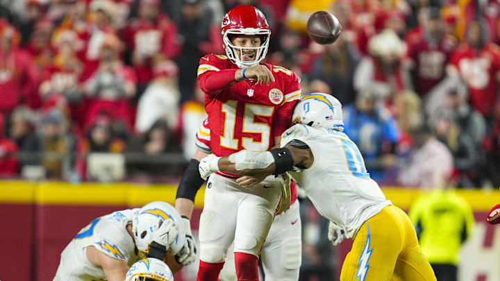 Dec 8, 2024; Kansas City, Missouri, USA; Kansas City Chiefs quarterback Patrick Mahomes (15) throws a pass during the second half against the Los Angeles Chargers at GEHA Field at Arrowhead Stadium. Dec 8, 2024; Kansas City, Missouri, USA; Kansas City Chiefs quarterback Patrick Mahomes (15) throws a pass during the second half against the Los Angeles Chargers at GEHA Field at Arrowhead Stadium.