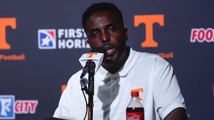 University of Tennessee football's defensive coordinator Tim Banks speaks to the press on media day at the campus in Knoxville, Tuesday, July 30, 2024.` University of Tennessee football's defensive coordinator Tim Banks speaks to the press on media day at the campus in Knoxville, Tuesday, July 30, 2024.`