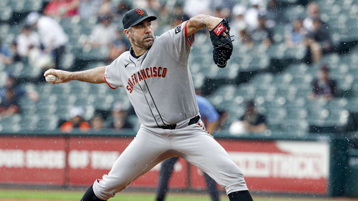 Jun 29, 2025; Chicago, Illinois, USA; San Francisco Giants starting pitcher Justin Verlander (35) delivers a pitch against the Chicago White Sox during the first inning at Rate Field. 