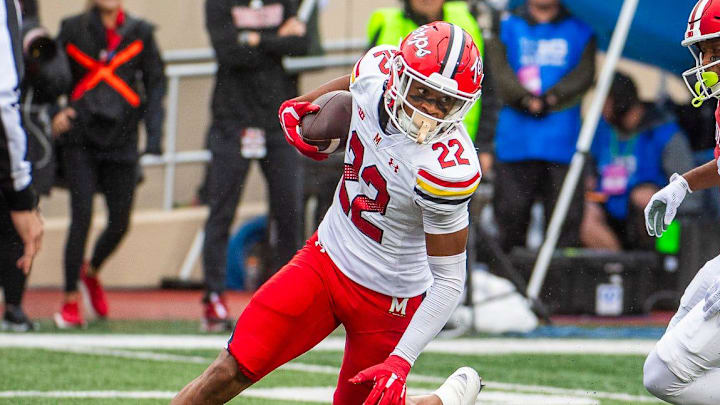 Maryland's Jalen Huskey (22) returns an interception during the Indiana versus Maryland football game at Memorial Stadium on Saturday, Sept. 28, 2024.