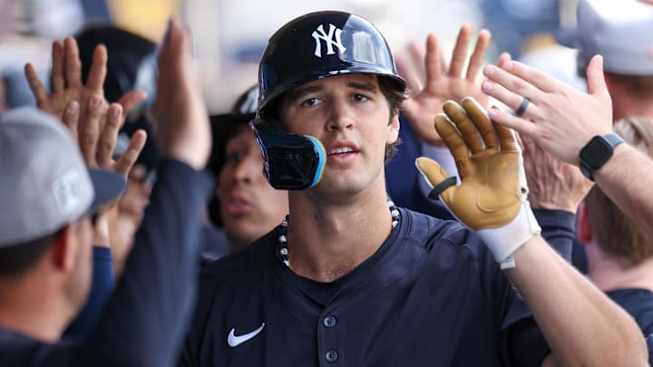 Mar 4, 2025; Clearwater, Florida, USA; New York Yankees outfielder Spencer Jones (78) celebrates after hitting a three-run home run against the Philadelphia Phillies in the third inning during spring training at BayCare Ballpark Mar 4, 2025; Clearwater, Florida, USA; New York Yankees outfielder Spencer Jones (78) celebrates after hitting a three-run home run against the Philadelphia Phillies in the third inning during spring training at BayCare Ballpark