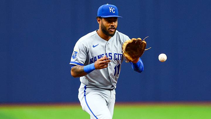 Jun 22, 2026; St. Petersburg, Florida, USA; Kansas City Royals shortstop Maikel Garcia (11) fields the ball for an out against the Tampa Bay Rays in the second inning at Tropicana Field. Mandatory Credit: Nathan Ray Seebeck-Imagn Images
