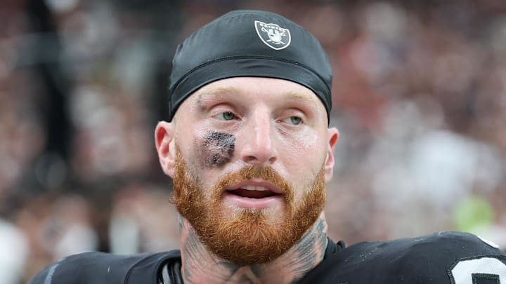 Sep 28, 2025; Paradise, Nevada, USA; Las Vegas Raiders defensive end Maxx Crosby (98) looks on from the sideline during the first quarter against the Chicago Bears at Allegiant Stadium. Mandatory Credit: Kiyoshi Mio-Imagn Images