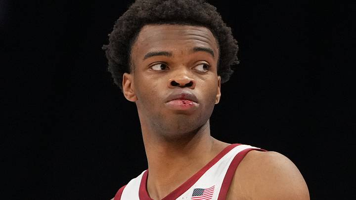Mar 10, 2026; Charlotte, NC, USA; Stanford Cardinal guard Ebuka Okorie (1) on the court in the second half at Spectrum Center. Mandatory Credit: Bob Donnan-Imagn Images