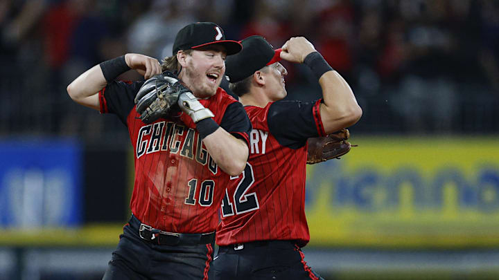 Sep 19, 2025; Chicago, Illinois, USA; Chicago White Sox second baseman Chase Meidroth (10) and shortstop Colson Montgomery (12) celebrate team's win against the San Diego Padres at Rate Field. Mandatory Credit: Kamil Krzaczynski-Imagn Images