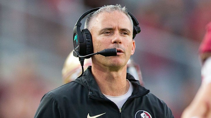 Florida State Seminoles head coach Mike Norvell watches on as his players come off the field. The Florida State Seminoles defeated the Virginia Tech Hokies 39-17 at Doak Campbell Stadium on Saturday, Oct. 7, 2023.