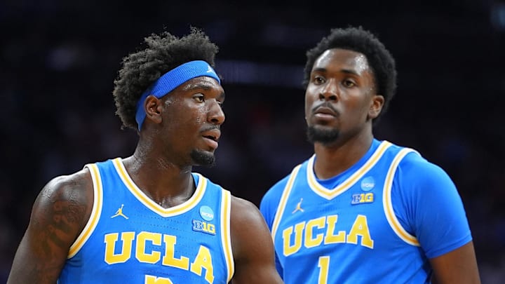 Mar 22, 2026; Philadelphia, PA, USA; UCLA Bruins forward Eric Dailey Jr. (3) reacts against the UConn Huskies in the first half during a second round game of the men's 2026 NCAA Tournament at Xfinity Mobile Arena. Mandatory Credit: Kyle Ross-Imagn Images