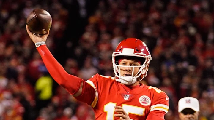 Nov 1, 2021; Kansas City, Missouri, USA; Kansas City Chiefs quarterback Patrick Mahomes (15) throws a pass as New York Giants nose tackle Austin Johnson (98) defends during the first half at GEHA Field at Arrowhead Stadium. Mandatory Credit: Jay Biggerstaff-Imagn Images Nov 1, 2021; Kansas City, Missouri, USA; Kansas City Chiefs quarterback Patrick Mahomes (15) throws a pass as New York Giants nose tackle Austin Johnson (98) defends during the first half at GEHA Field at Arrowhead Stadium. Mandatory Credit: Jay Biggerstaff-Imagn Images