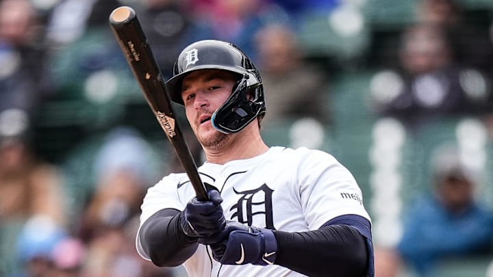 Detroit Tigers catcher Dillon Dingler (13) bats against New York Yankees during the ninth inning at Comerica Park in Detroit on Wednesday, April 9, 2025.