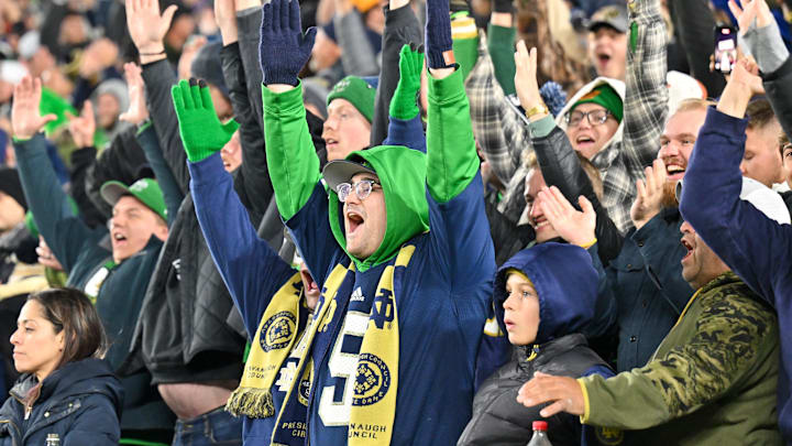Nov 9, 2024; South Bend, Indiana, USA; Notre Dame fans react after a review was ruled a touchdown in the second quarter of a game between the Notre Dame Fighting Irish and the Florida State Seminoles at Notre Dame Stadium. 