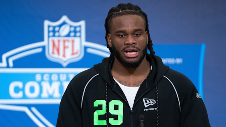 Feb 28, 2026; Indianapolis, IN, USA; Arizona State offensive lineman Max Iheanachor (OL29) speaks to members of the media during the NFL Combine at the Indiana Convention Center. Mandatory Credit: Jacob Musselman-Imagn Images