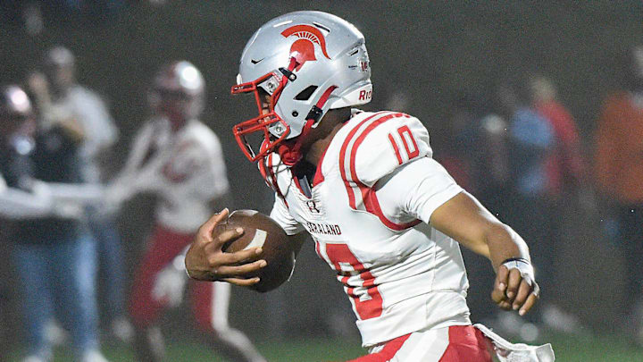 Saraland's Jamison Roberts (10) scrambles for a touchdown against Pike Road during their AHSAA football playoff game in Pike Road, Ala., on Friday November 21, 2025.