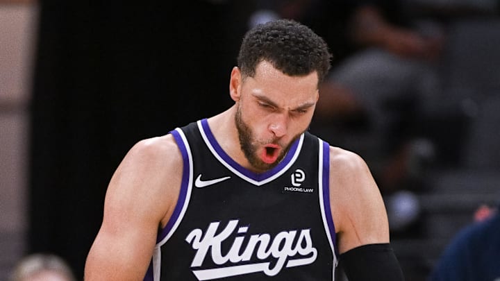Sacramento Kings guard Zach LaVine (8) reacts after scoring against the Los Angeles Lakers during the fourth quarter at Golden 1 Center.