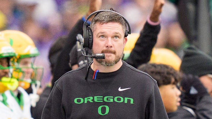 Oregon head coach Dan Lanning walks the sideline as the Oregon Ducks take on the Washington Huskies on Nov. 29, 2025, at Husky Stadium in Seattle, Washington.