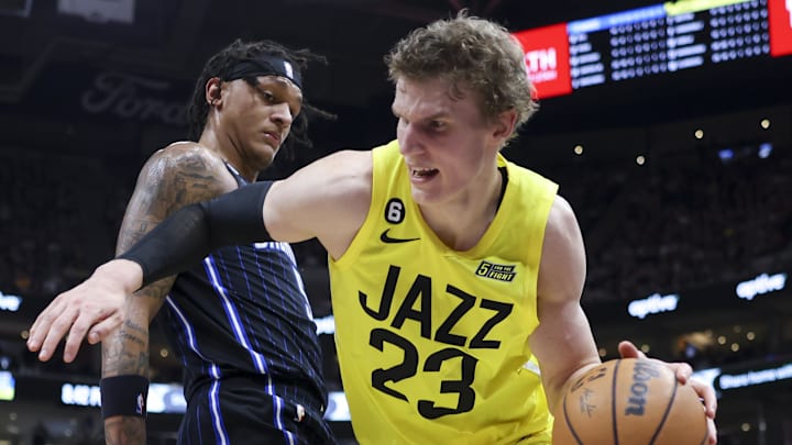 Jan 13, 2023; Salt Lake City, Utah, USA; Utah Jazz forward Lauri Markkanen (23) drives with the ball against Orlando Magic forward Paolo Banchero (5) in the third quarter at Vivint Arena. Mandatory Credit: Rob Gray-Imagn Images Jan 13, 2023; Salt Lake City, Utah, USA; Utah Jazz forward Lauri Markkanen (23) drives with the ball against Orlando Magic forward Paolo Banchero (5) in the third quarter at Vivint Arena. Mandatory Credit: Rob Gray-Imagn Images